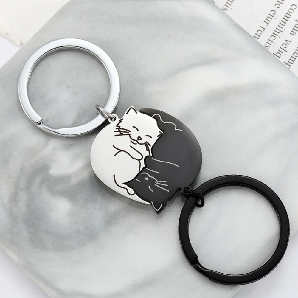 Black Cat Matching Couples Keychain – Stainless Steel Puzzle Keyring