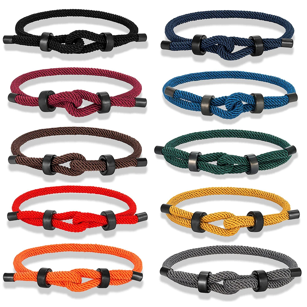 MKENDN Adjustable Knot Rope Bracelet – Black Stainless Steel Charm Bangle for Men - Image 5