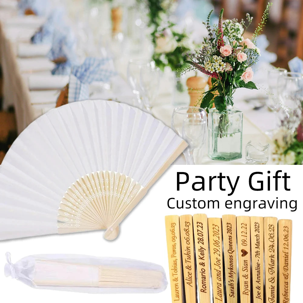 10–90pcs Personalized Engraved White Folding Silk Hand Fans – Elegant Wedding Party Supplies with Organza Gift Bags - Image 2