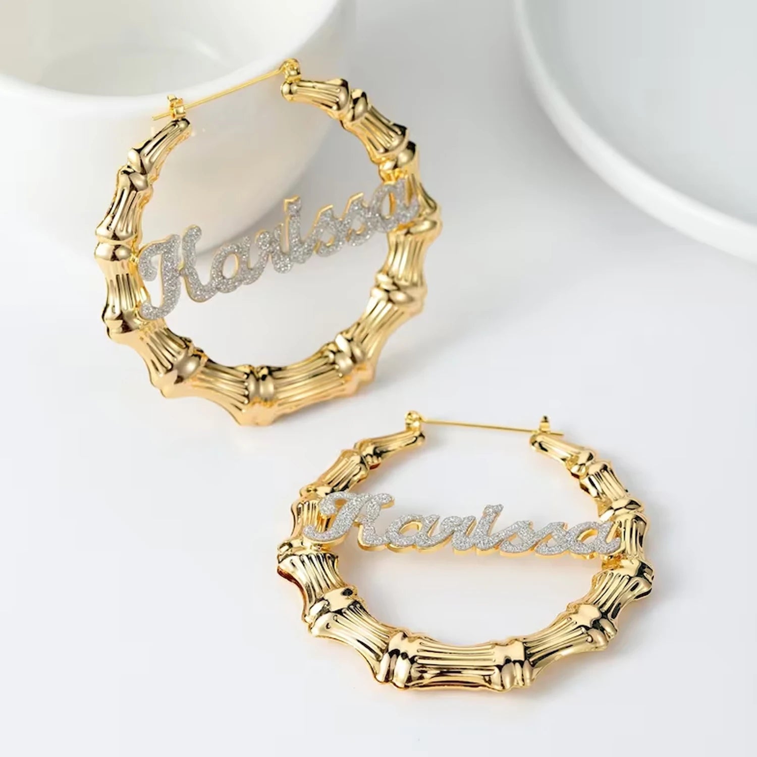 Qitian Personalized Bling Bamboo Hoop Name Earrings – Custom Hip-Hop Style Jewelry for Her - Image 3