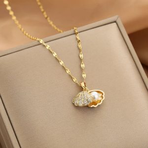 Summer Crystal Zircon Shell & Imitation Pearl Pendant Necklace – Beach Collar Jewelry for Women