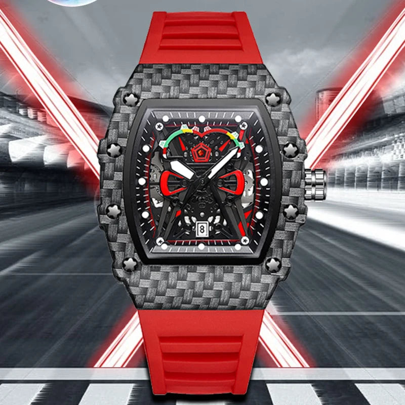 Sport Red Rubber Quartz Watch – Tonneau-Style Men's Fashion Wristwatch - Image 2