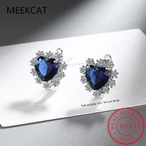 Love Heart Created Blue Sapphire Hoop Earrings – 925 Sterling Silver Fine Jewelry