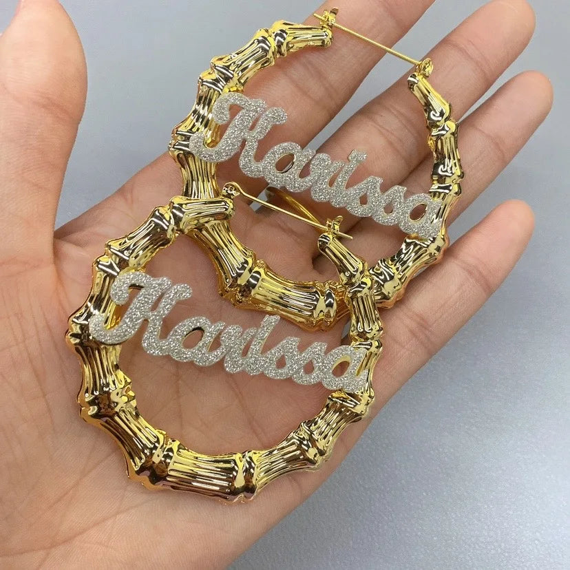 Qitian Personalized Bling Bamboo Hoop Name Earrings – Custom Hip-Hop Style Jewelry for Her