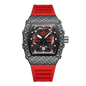 Sport Red Rubber Quartz Watch – Tonneau-Style Men's Fashion Wristwatch